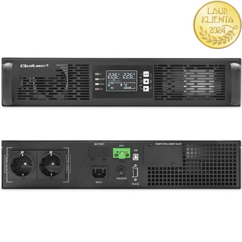 Qoltec Zasilacz awaryjny UPS do RACK | 1kVA | 1000W | Power Factor 1.0 | LCD | EPO | USB | On-line