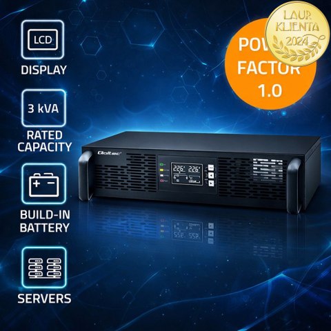 Qoltec Zasilacz awaryjny UPS do RACK | 3kVA | 3000W | Power Factor 1.0 | LCD | EPO | USB | On-line