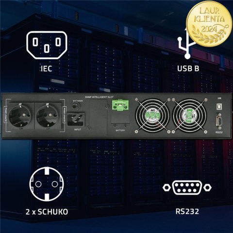 Qoltec Zasilacz awaryjny UPS do RACK | 3kVA | 3000W | Power Factor 1.0 | LCD | EPO | USB | On-line