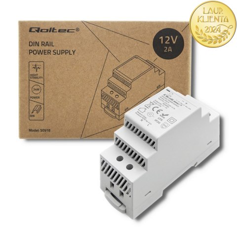 Qoltec Zasilacz na szynę DIN | 24W | 12V | 2A | Szary