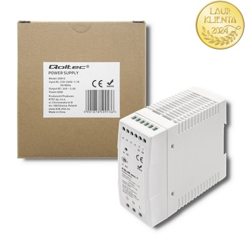 Qoltec Zasilacz na szynę DIN | 60W | 24V | 2.5A | Biały | Slim