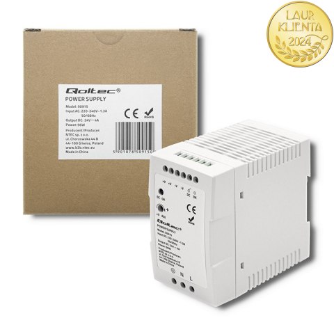 Qoltec Zasilacz na szynę DIN | 96W | 24V | 4A | Biały| Slim