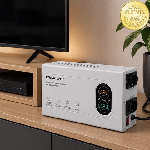 Qoltec Automatyczny Stabilizator napięcia AVR 2000VA | 1200W | Compact | Toroidalny transformator