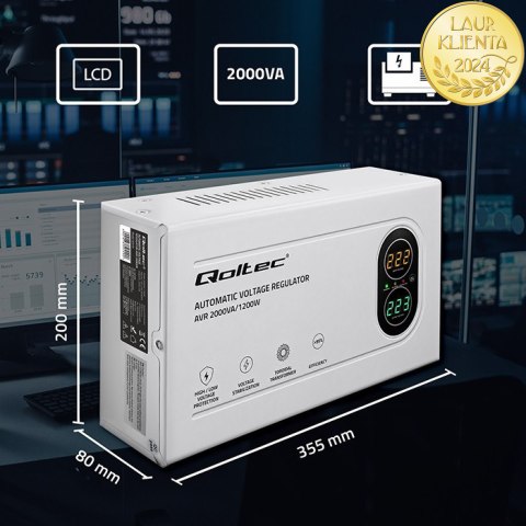 Qoltec Automatyczny Stabilizator napięcia AVR 2000VA | 1200W | Compact | Toroidalny transformator