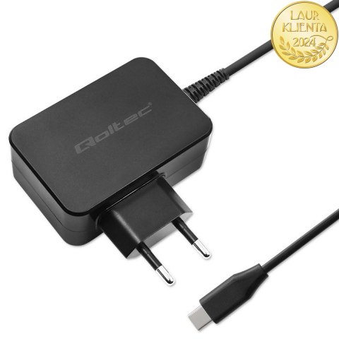 Qoltec Ładowarka GaN POWER PRO | 1xUSB-C | 45W | 5-20V | 2.25-3A | Laptop | Smartfon | Czarna