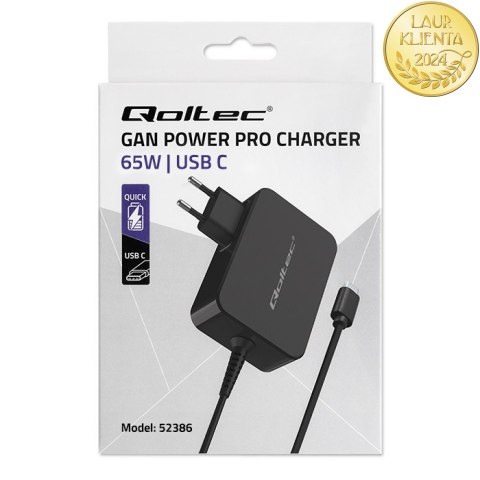 Qoltec Ładowarka GaN POWER PRO | 1xUSB-C | 65W | 5-20V | 3-3.25A | Laptop | Smartfon | Czarna