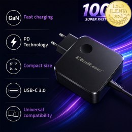 Qoltec Ładowarka sieciowa GaN Super Fast 100W | USB-C PD | 5-20V | 3-5A | Laptop | MacBook | Smartfon | kabel 1.8m