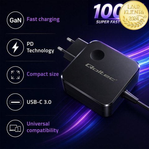 Qoltec Ładowarka sieciowa GaN Super Fast 100W | USB-C PD | 5-20V | 3-5A | Laptop | MacBook | Smartfon | kabel 1.8m