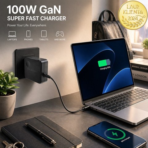 Qoltec Ładowarka sieciowa GaN Super Fast 100W | USB-C PD | 5-20V | 3-5A | Laptop | MacBook | Smartfon | kabel 1.8m
