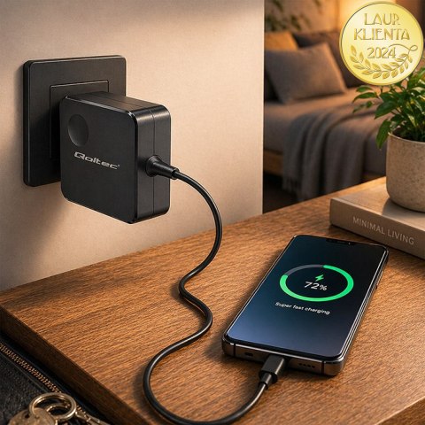 Qoltec Ładowarka sieciowa GaN Super Fast 100W | USB-C PD | 5-20V | 3-5A | Laptop | MacBook | Smartfon | kabel 1.8m