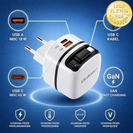 Qoltec Ładowarka sieciowa GaN Super Fast 65W | USB-C PD PPS | 5-20V | 3-3.25A | Laptop | MacBook | Smartfon | wysuwany kabel