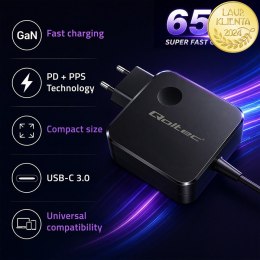 Qoltec Ładowarka sieciowa GaN Super Fast 65W | USB-C PD PPS | 5-21V | 3-3.25A | Laptop | MacBook | Smartfon | kabel 1.8m