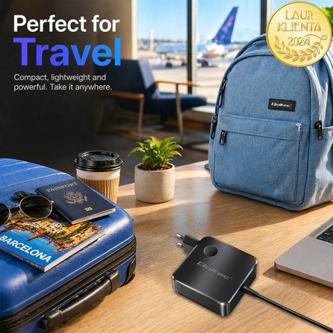 Qoltec Ładowarka sieciowa GaN Super Fast 65W | USB-C PD PPS | 5-21V | 3-3.25A | Laptop | MacBook | Smartfon | kabel 1.8m
