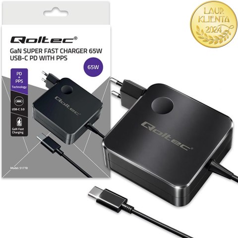 Qoltec Ładowarka sieciowa GaN Super Fast 65W | USB-C PD PPS | 5-21V | 3-3.25A | Laptop | MacBook | Smartfon | kabel 1.8m