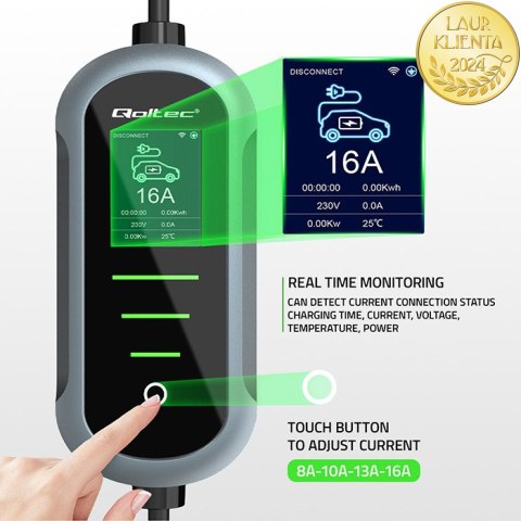 Qoltec Mobilna ładowarka do samochodu elektrycznego EV i hybryd z regulacją 2w1 Typ2 | 11kW | 400V | CEE 16A | Wi-fi | TUYA | SM