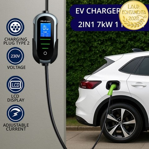 Qoltec Mobilna ładowarka do samochodu elektrycznego EV i hybryd z regulacją 2w1 Typ2 | 7kW | 230V | CEE 32A | Wi-fi | TUYA | SMA