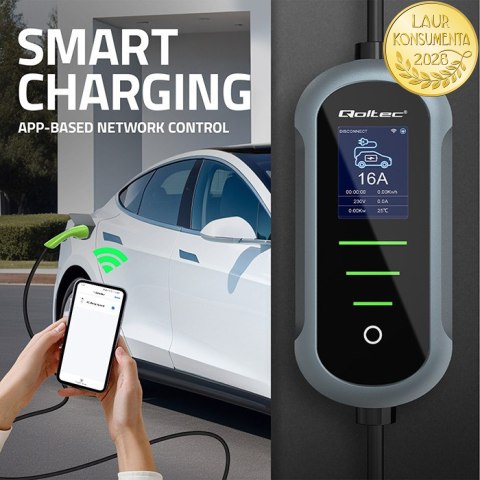 Qoltec Mobilna ładowarka do samochodu elektrycznego EV i hybryd z regulacją 2w1 Typ2 | 7kW | 230V | CEE 32A | Wi-fi | TUYA | SMA