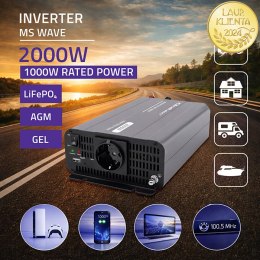 Qoltec Przetwornica napięcia MS Wave | 12V na 230V | 1000/2000W | USB | Kompatybilna z LiFePO4 GEL AGM