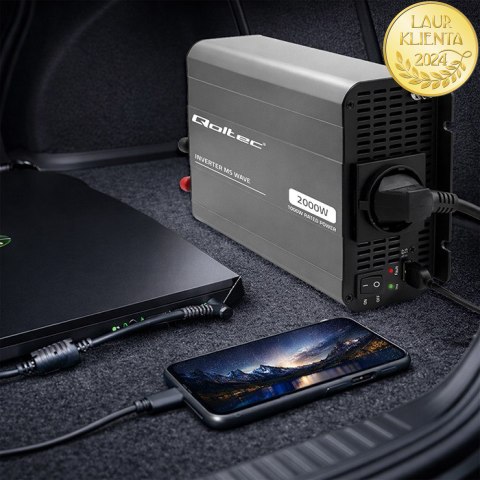 Qoltec Przetwornica napięcia MS Wave | 12V na 230V | 1000/2000W | USB | Kompatybilna z LiFePO4 GEL AGM