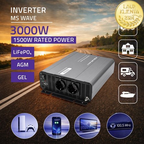 Qoltec Przetwornica napięcia MS Wave | 12V na 230V | 1500/3000W | USB | Kompatybilna z LiFePO4 GEL AGM
