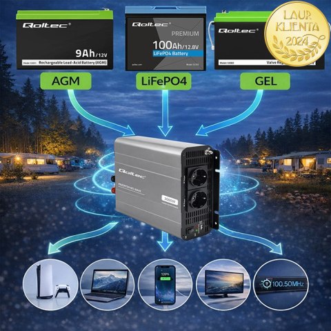 Qoltec Przetwornica napięcia MS Wave | 12V na 230V | 1500/3000W | USB | Kompatybilna z LiFePO4 GEL AGM