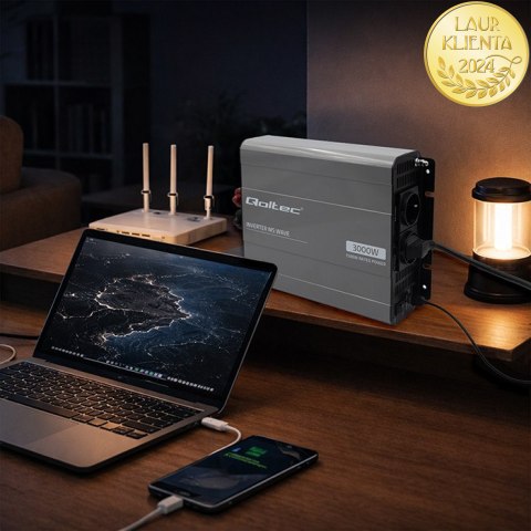 Qoltec Przetwornica napięcia MS Wave | 12V na 230V | 1500/3000W | USB | Kompatybilna z LiFePO4 GEL AGM