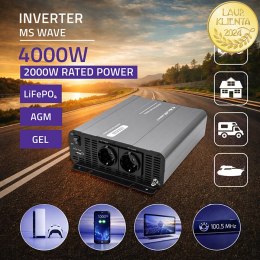 Qoltec Przetwornica napięcia MS Wave | 12V na 230V | 2000/4000W | USB | Kompatybilna z LiFePO4 GEL AGM