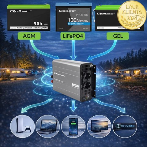 Qoltec Przetwornica napięcia MS Wave | 12V na 230V | 2000/4000W | USB | Kompatybilna z LiFePO4 GEL AGM