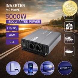 Qoltec Przetwornica napięcia MS Wave | 12V na 230V | 2500/5000W | USB | Kompatybilna z LiFePO4 GEL AGM