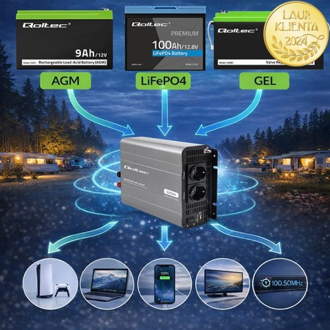 Qoltec Przetwornica napięcia MS Wave | 12V na 230V | 2500/5000W | USB | Kompatybilna z LiFePO4 GEL AGM