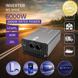 Qoltec Przetwornica napięcia MS Wave | 12V na 230V | 3000/6000W | USB | Kompatybilna z LiFePO4 GEL AGM