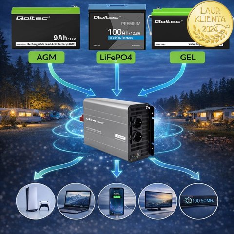 Qoltec Przetwornica napięcia MS Wave | 12V na 230V | 3000/6000W | USB | Kompatybilna z LiFePO4 GEL AGM