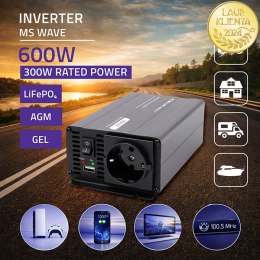 Qoltec Przetwornica napięcia MS Wave | 12V na 230V | 300/600W | USB | Kompatybilna z LiFePO4 GEL AGM