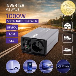 Qoltec Przetwornica napięcia MS Wave | 12V na 230V | 500/1000W | USB | Kompatybilna z LiFePO4 GEL AGM