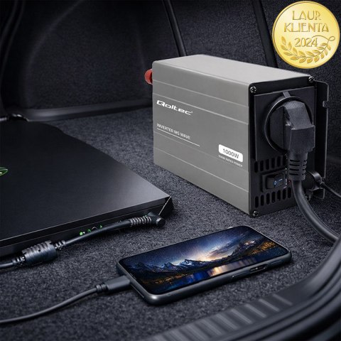 Qoltec Przetwornica napięcia MS Wave | 12V na 230V | 500/1000W | USB | Kompatybilna z LiFePO4 GEL AGM