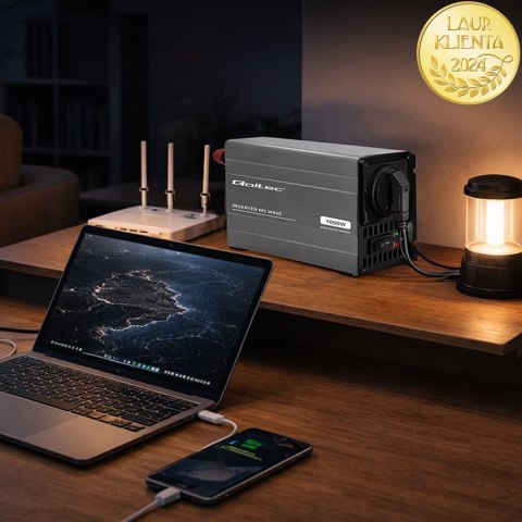 Qoltec Przetwornica napięcia MS Wave | 12V na 230V | 500/1000W | USB | Kompatybilna z LiFePO4 GEL AGM