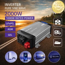 Qoltec Przetwornica napięcia Pure Sine Wave | 12V na 230V | 1000/2000W | LCD | USB | USB-C | Kompatybilna z LiFePO4 GEL AGM
