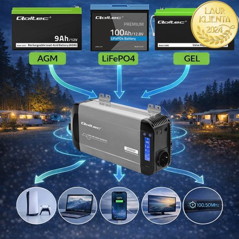 Qoltec Przetwornica napięcia Pure Sine Wave | 12V na 230V | 1000/2000W | LCD | USB | USB-C | Kompatybilna z LiFePO4 GEL AGM