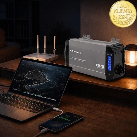 Qoltec Przetwornica napięcia Pure Sine Wave | 12V na 230V | 1000/2000W | LCD | USB | USB-C | Kompatybilna z LiFePO4 GEL AGM