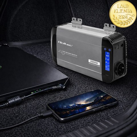 Qoltec Przetwornica napięcia Pure Sine Wave | 12V na 230V | 1000/2000W | LCD | USB | USB-C | Kompatybilna z LiFePO4 GEL AGM