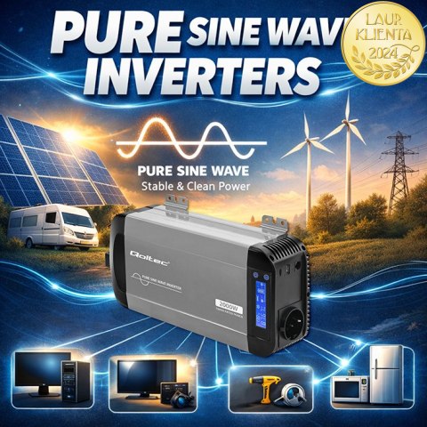 Qoltec Przetwornica napięcia Pure Sine Wave | 12V na 230V | 1000/2000W | LCD | USB | USB-C | Kompatybilna z LiFePO4 GEL AGM