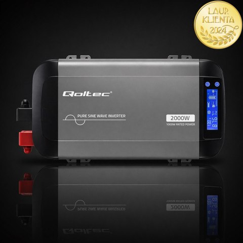 Qoltec Przetwornica napięcia Pure Sine Wave | 12V na 230V | 1000/2000W | LCD | USB | USB-C | Kompatybilna z LiFePO4 GEL AGM