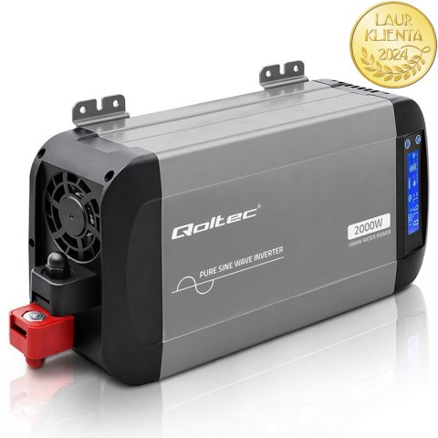 Qoltec Przetwornica napięcia Pure Sine Wave | 12V na 230V | 1000/2000W | LCD | USB | USB-C | Kompatybilna z LiFePO4 GEL AGM