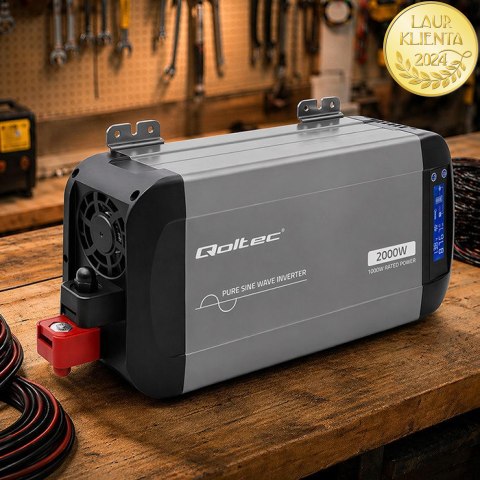 Qoltec Przetwornica napięcia Pure Sine Wave | 12V na 230V | 1000/2000W | LCD | USB | USB-C | Kompatybilna z LiFePO4 GEL AGM