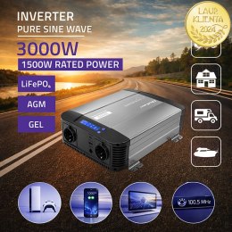 Qoltec Przetwornica napięcia Pure Sine Wave | 12V na 230V | 1500/3000W | LCD | USB | USB-C | Kompatybilna z LiFePO4 GEL AGM