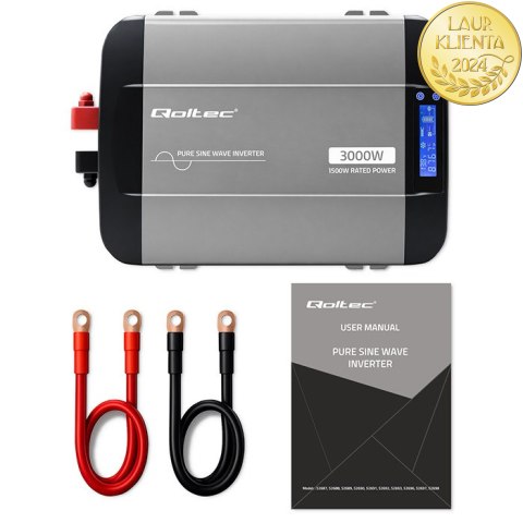 Qoltec Przetwornica napięcia Pure Sine Wave | 12V na 230V | 1500/3000W | LCD | USB | USB-C | Kompatybilna z LiFePO4 GEL AGM