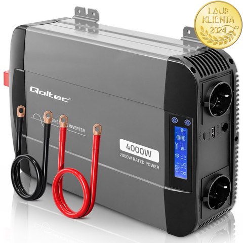 Qoltec Przetwornica napięcia Pure Sine Wave | 12V na 230V | 2000/4000W | LCD | USB | USB-C | Kompatybilna z LiFePO4 GEL AGM