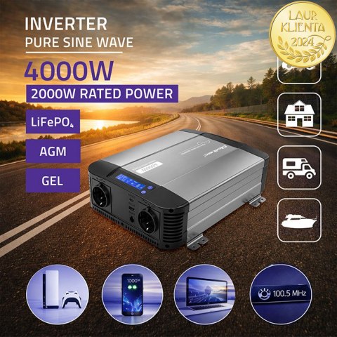Qoltec Przetwornica napięcia Pure Sine Wave | 12V na 230V | 2000/4000W | LCD | USB | USB-C | Kompatybilna z LiFePO4 GEL AGM