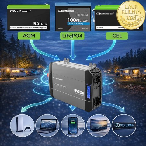 Qoltec Przetwornica napięcia Pure Sine Wave | 12V na 230V | 2000/4000W | LCD | USB | USB-C | Kompatybilna z LiFePO4 GEL AGM