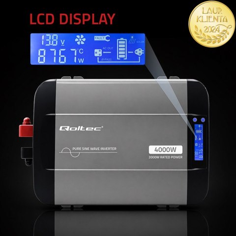 Qoltec Przetwornica napięcia Pure Sine Wave | 12V na 230V | 2000/4000W | LCD | USB | USB-C | Kompatybilna z LiFePO4 GEL AGM